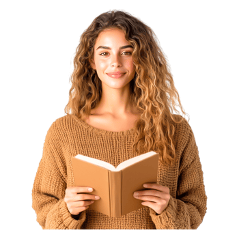 Young Woman Holding Book in Cozy Knit Sweater Portrait png