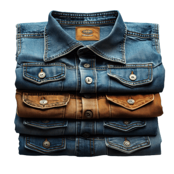 Stacked denim shirts showcasing various styles and colors on a display isolated on transparent background png