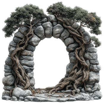 Natural stone archway entwined with ancient trees in a mystical forest setting isolated on transparent background png