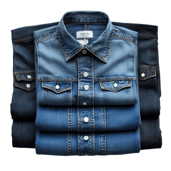 Denim shirts neatly stacked in shades of blue on a plain background for casual fashion inspiration isolated on transparent background png