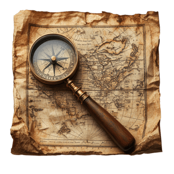 Vintage compass resting on old map with detailed cartography and weathered texture in natural light isolated on transparent background png