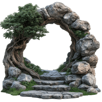 Natural stone archway surrounded by greenery leads to a mystical path in a serene outdoor setting isolated on transparent background png