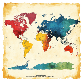 Colorful world map showcasing geographical divisions and vibrant regions in artistic design isolated on transparent background png