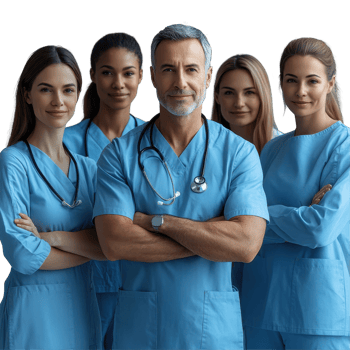 Diverse medical team in scrubs posing confidently in a clinical setting isolated on transparent background png