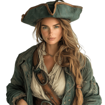 Woman dressed as a pirate stands confidently with an adventurous expression and striking outfit featuring a green hat and rugged attire isolated on transparent background png