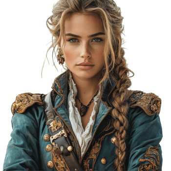 Young woman in ornate pirate costume stands confidently, embodying the spirit of adventure and exploration during historical reenactments isolated on transparent background png