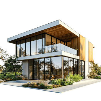 Modern Glass House with Wooden Accents and Landscaping png