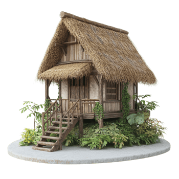 Thatched Roof Bungalow Surrounded By Lush Tropical Foliage png