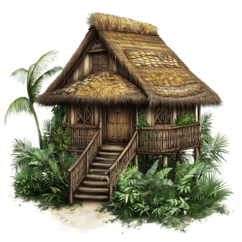 Tropical Thatched Hut Nestled Among Lush Green Foliage. cut out png