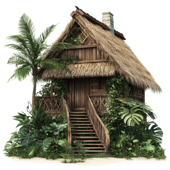 Tropical Thatch Roof Cottage Nestled Among Lush Greenery png