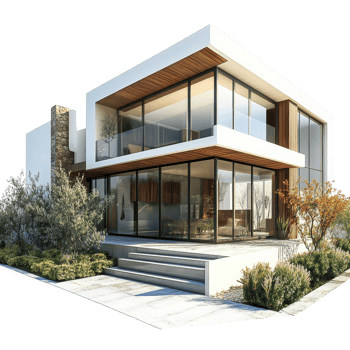Modern Two Story House with Extensive Glass Windows png