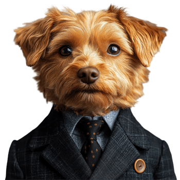 Cute dog dressed in a suit with a tie, posing for a formal portrait in a stylish setting isolated on transparent background png