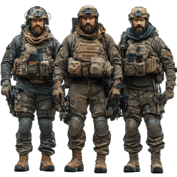 Military personnel in tactical gear pose during a training exercise in an outdoor setting amid various terrain conditions isolated on transparent background png