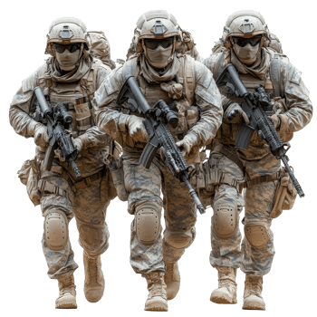 Soldiers in tactical gear advance with weapons during a military operation in a desert environment isolated on transparent background png