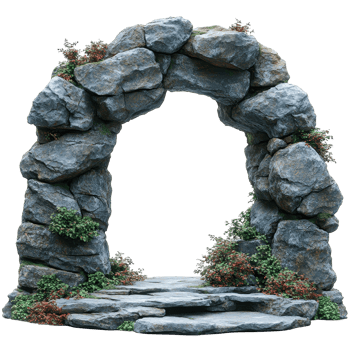 Beautiful stone archway surrounded by greenery, creating a serene entrance in a tranquil outdoor setting isolated on transparent background png