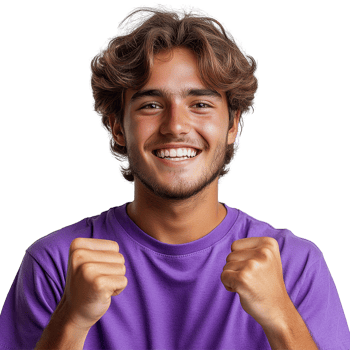 Happy young man celebrating success with raised fists on a bright background isolated on transparent background png