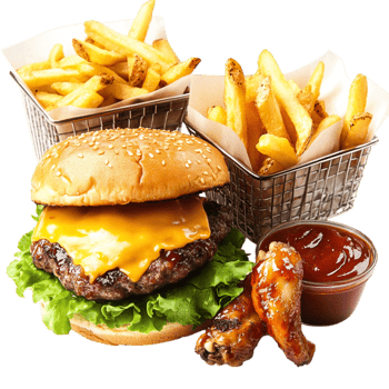 Juicy cheeseburger served with crispy fries and tangy chicken wings symbolizing indulgence and the satisfying flavors of fast food png
