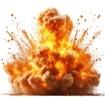 Fireball explosion creates a dramatic plume of smoke and debris in a vivid burst of color and energy isolated on transparent background png