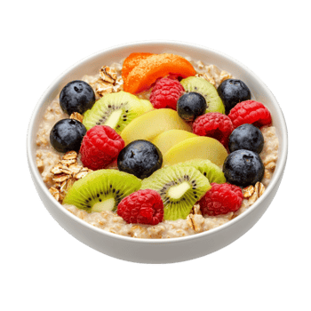 Smooth ceramic bowl containing oatmeal topped with sliced kiwi strawberries blueberries and oranges represents energy wellness and the colorful beauty of a balanced diet png
