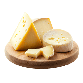 Wooden board with slices of different cheeses including a wedge of soft brie represents flavor variety and theistry of dairybased gourmet delicacies png