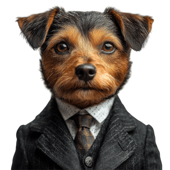 Cute dog dressed in a formal suit with a tie posing for a portrait in a studio isolated on transparent background png