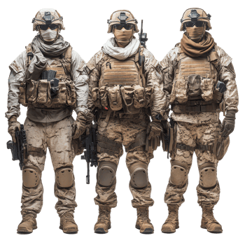 Military personnel in tactical gear stand together in a desert environment during a training exercise in the afternoon light isolated on transparent background png