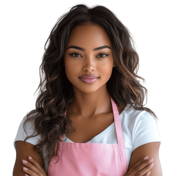 Confident woman in pink apron showcases her skills in a modern kitchen setting isolated on transparent background png