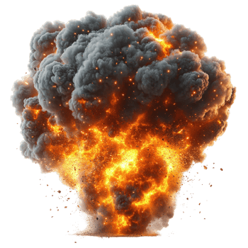 Massive explosion billows smoke and flames during night demonstration in urban area isolated on transparent background png
