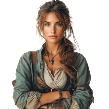 Captivating portrait of a woman in pirate attire with striking features and bold expression isolated on transparent background png