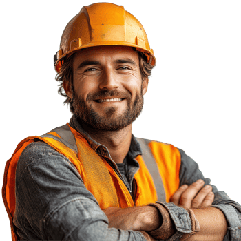 Skilled construction worker in safety gear smiling confidently at the site during daytime hours isolated on transparent background png
