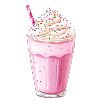 Creamy pink milkshake in a tall glass with whipped cream and colorful sprinkles symbolizes sweetness indulgence and the joy of delightful treats png