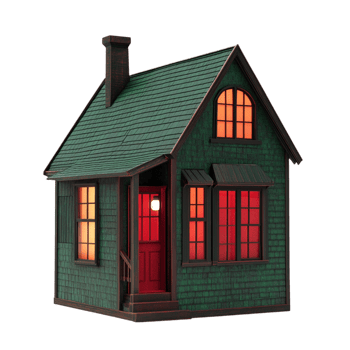 Small green house with a chimney glowing windows and a cozy entrance symbolizing warmth security and the enchanting charm of a welcoming home png