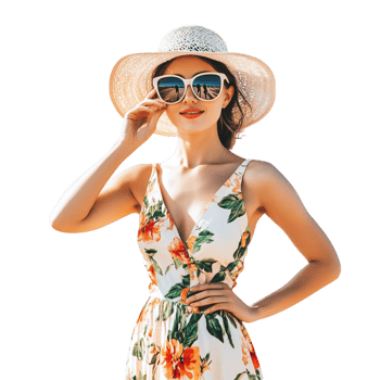 Stylish woman in a floral sundress and oversized sunglasses symbolizing confidence and the effortless elegance of summer fashion png
