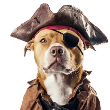 Dog dressed as a pirate with an eye patch brings humor and creativity to pet fashion png