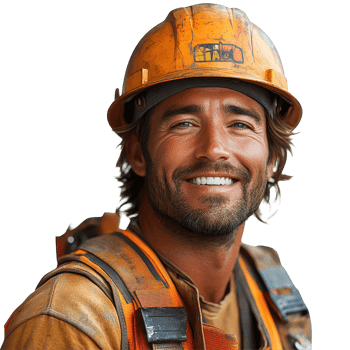 Smiling construction worker wearing hard hat and safety gear in bright sunlight at a worksite isolated on transparent background png