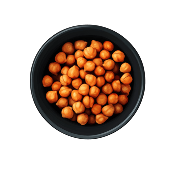 Roasted chickpeas in a dark bowl overhead view png