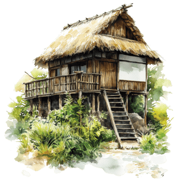 Elevated Wooden Thatched Roof Cottage Amidst Lush Greenery png