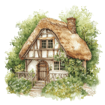 Thatched Roof Cottage Nestled Amongst Lush Greenery png
