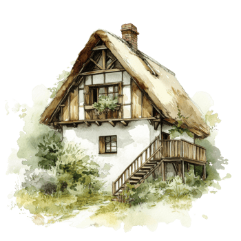 Watercolor Painting of a Charming Thatched Roof Cottage png
