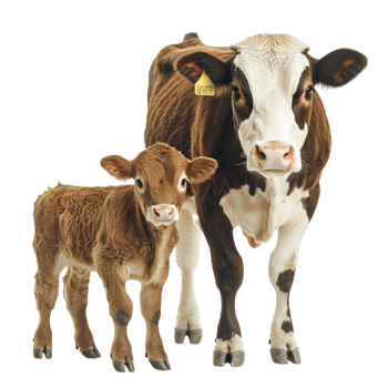 Cow standing protectively next to a small calf with a gentle gaze representing agriculture family and the bond between farm animals that provide essential dairy products for human consumption png