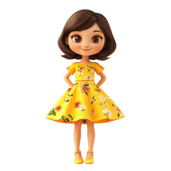 3D Cartoon Girl in a Bright Yellow Dress with a Floral Pattern and Smiling Expression Isolated on transparent Background png