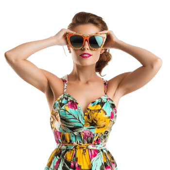 Confident woman in a floral summer dress and stylish sunglasses poses with a bold and vibrant look full of energy and charm png