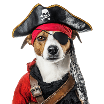 Dog dressed as a pirate with an eye patch and hat looks adventurous and comically brave png