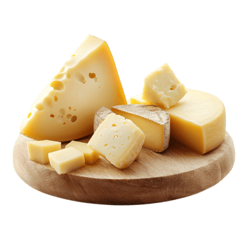 Wooden board holding different types of cheese with rich textures and flavors makes a delightful snack or a gourmet addition png