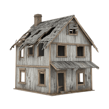 Abandoned wooden house with broken windows and a decaying roof stands as a haunting reminder of forgotten history evoking mystery and nostalgia in its weathered structure png