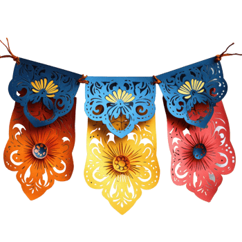 Colorful papel picado decorations with floral designs for festive celebrations in a vibrant setting isolated on transparent background png