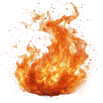 Bright orange flames dancing with sparks in a vivid display of fire energy isolated on transparent background png