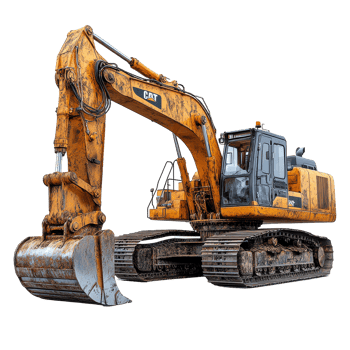 Excavator working on construction site showcasing heavy machinery in vibrant yellow color isolated on transparent background png