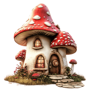 Whimsical mushroomshaped house with a red spotted roof and tiny wooden doors creating a fairy talelike setting png