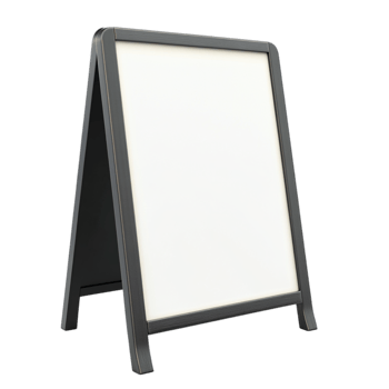 Blackframed standing signboard with a blank white surface ready to display messages or advertisements in any setting png